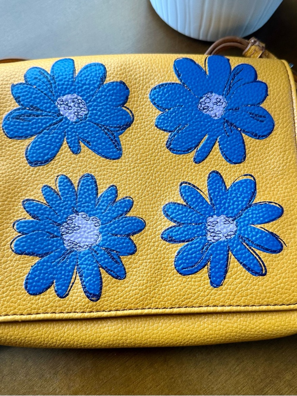 NWOT Vera Bradley Yellow Leather Crossbody Bag with Blue Flowers - Picture 4 of 7